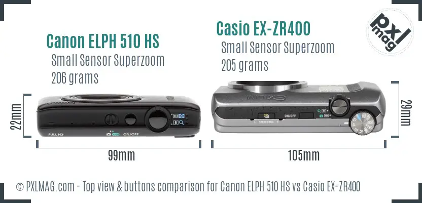 Canon ELPH 510 HS vs Casio EX-ZR400 top view buttons comparison Canon ELPH 510 HS vs Casio EX-ZR400 top view buttons comparison