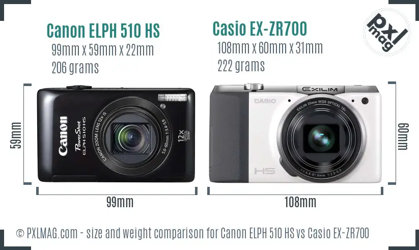 Canon ELPH 510 HS vs Casio EX-ZR700 size comparison Canon ELPH 510 HS vs Casio EX-ZR700 size comparison