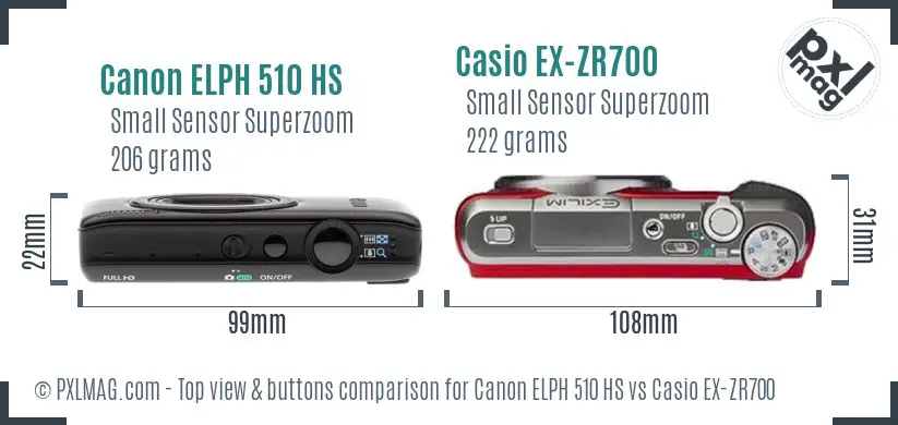 Canon ELPH 510 HS vs Casio EX-ZR700 top view buttons comparison Canon ELPH 510 HS vs Casio EX-ZR700 top view buttons comparison