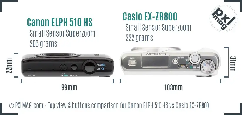 Canon ELPH 510 HS vs Casio EX-ZR800 top view buttons comparison Canon ELPH 510 HS vs Casio EX-ZR800 top view buttons comparison
