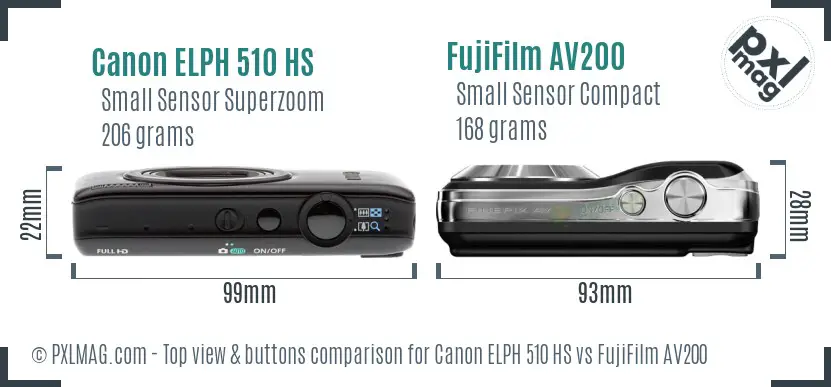 Canon ELPH 510 HS vs FujiFilm AV200 top view buttons comparison