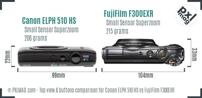 Canon ELPH 510 HS vs FujiFilm F300EXR top view buttons comparison