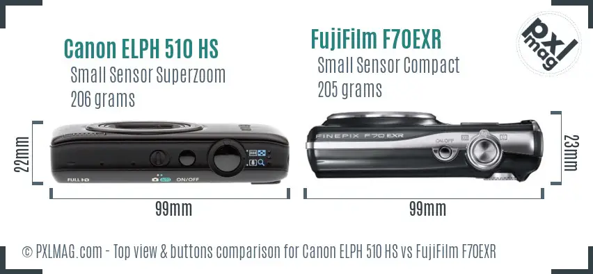 Canon ELPH 510 HS vs FujiFilm F70EXR top view buttons comparison Canon ELPH 510 HS vs FujiFilm F70EXR top view buttons comparison