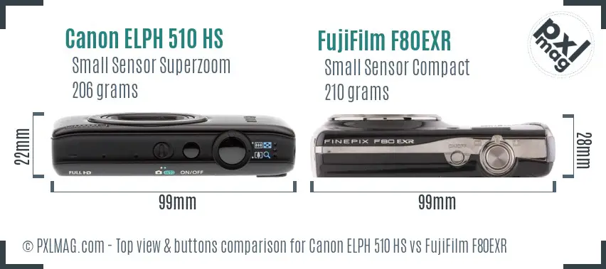 Canon ELPH 510 HS vs FujiFilm F80EXR top view buttons comparison