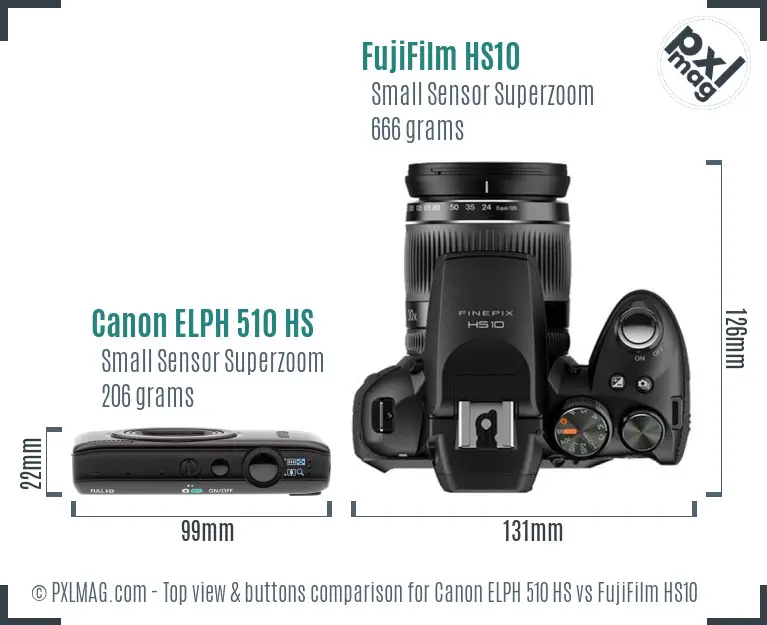 Canon ELPH 510 HS vs FujiFilm HS10 top view buttons comparison