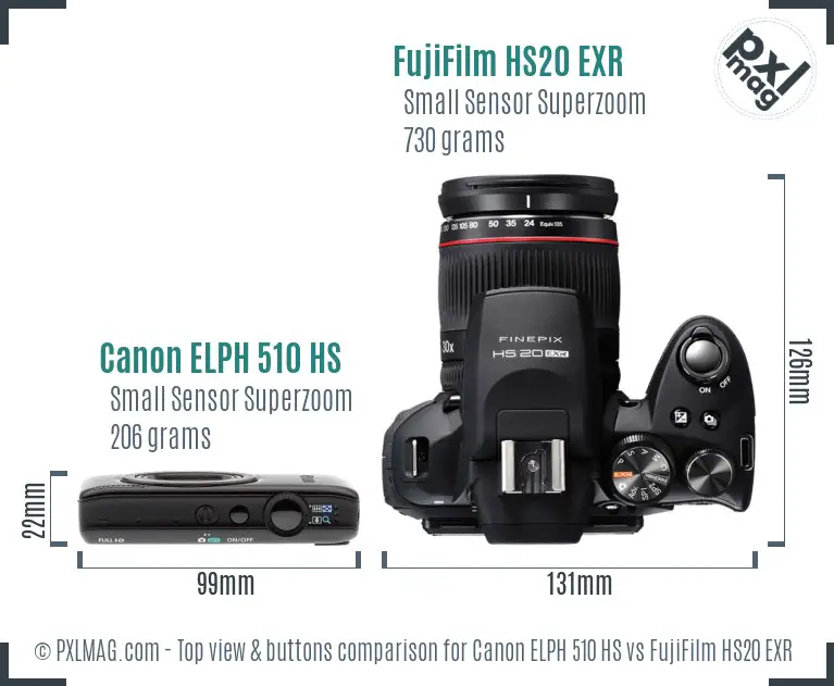 Canon ELPH 510 HS vs FujiFilm HS20 EXR top view buttons comparison