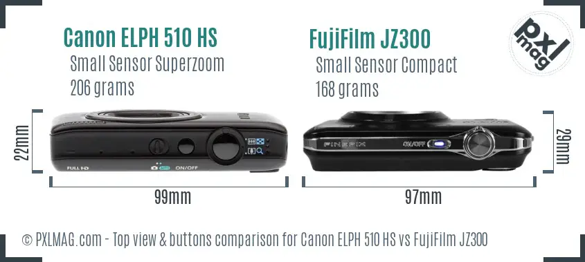 Canon ELPH 510 HS vs FujiFilm JZ300 top view buttons comparison