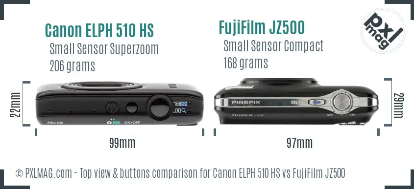 Canon ELPH 510 HS vs FujiFilm JZ500 top view buttons comparison