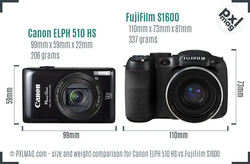 Canon ELPH 510 HS vs FujiFilm S1600 size comparison