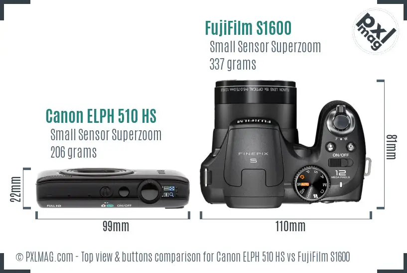 Canon ELPH 510 HS vs FujiFilm S1600 top view buttons comparison