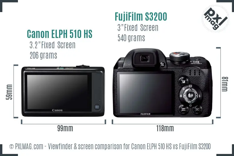 Canon ELPH 510 HS vs FujiFilm S3200 Screen and Viewfinder comparison