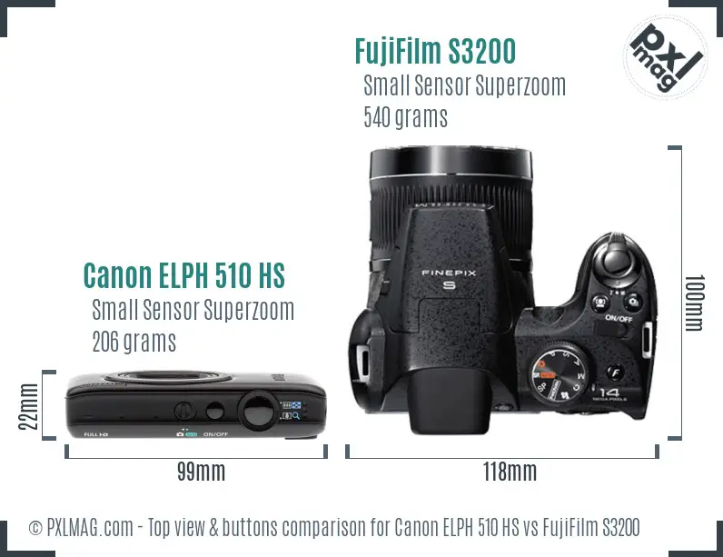 Canon ELPH 510 HS vs FujiFilm S3200 top view buttons comparison