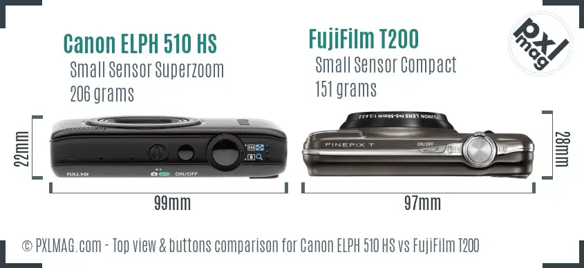 Canon ELPH 510 HS vs FujiFilm T200 top view buttons comparison Canon ELPH 510 HS vs FujiFilm T200 top view buttons comparison
