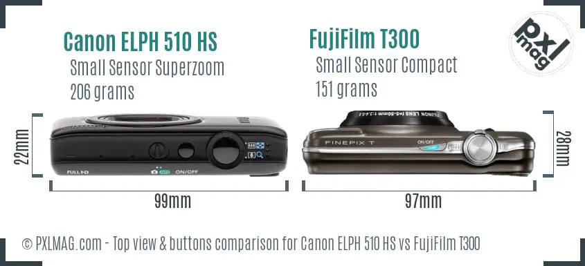 Canon ELPH 510 HS vs FujiFilm T300 top view buttons comparison