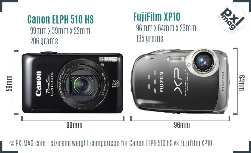 Canon ELPH 510 HS vs FujiFilm XP10 size comparison