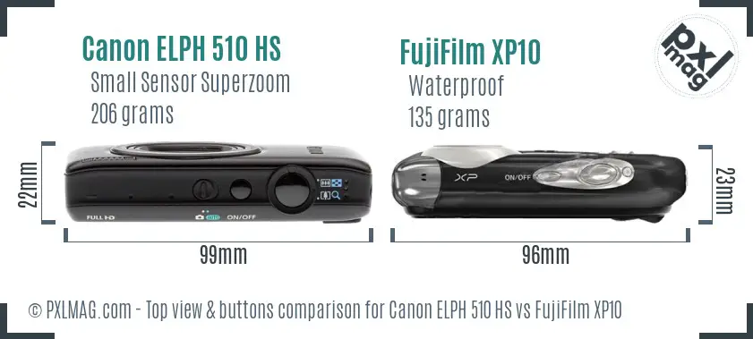 Canon ELPH 510 HS vs FujiFilm XP10 top view buttons comparison