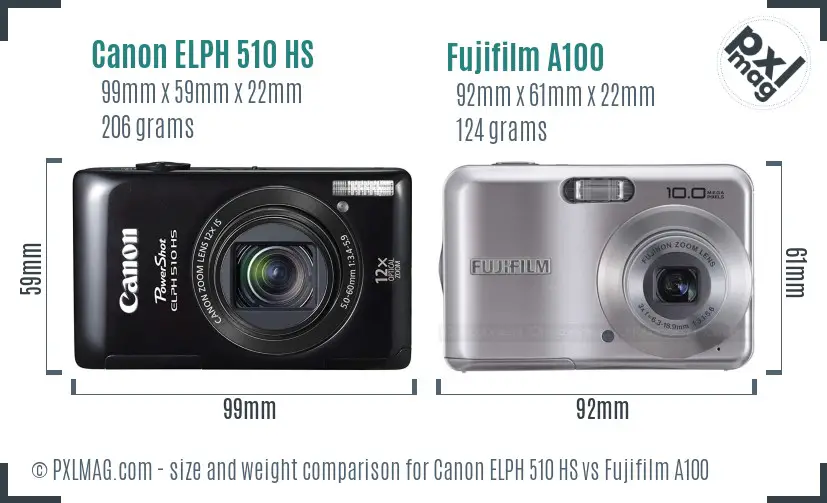 Canon ELPH 510 HS vs Fujifilm A100 size comparison