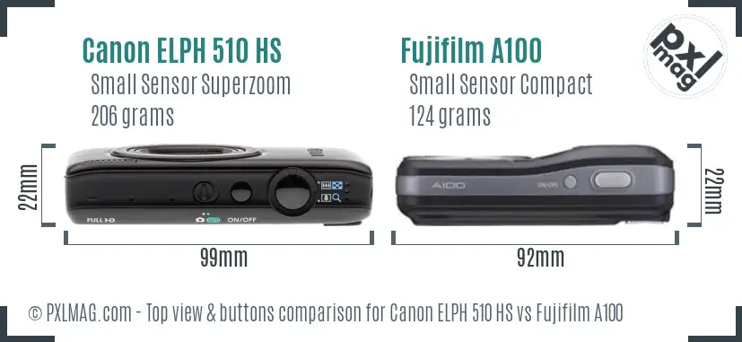 Canon ELPH 510 HS vs Fujifilm A100 top view buttons comparison