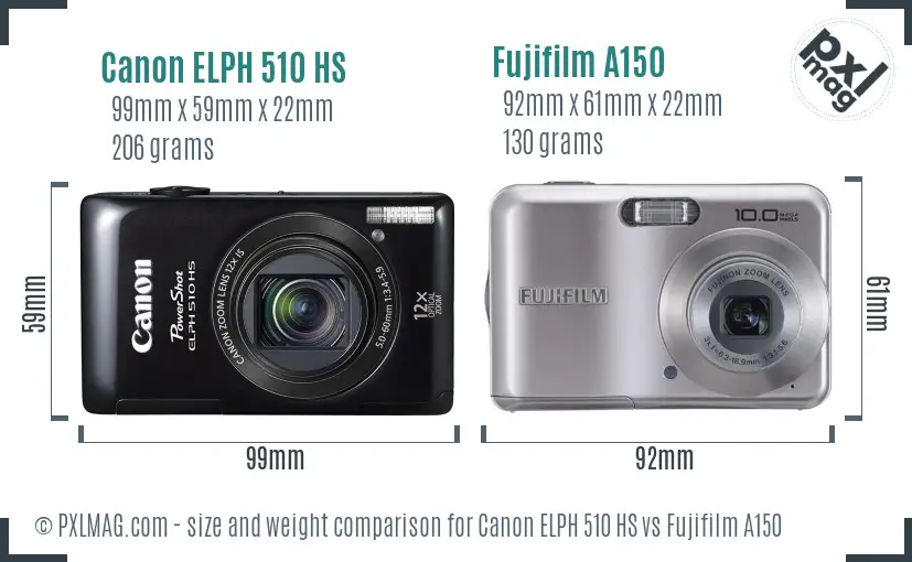 Canon ELPH 510 HS vs Fujifilm A150 size comparison