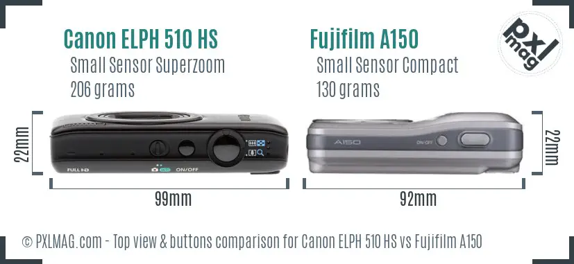 Canon ELPH 510 HS vs Fujifilm A150 top view buttons comparison