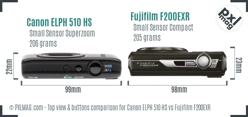Canon ELPH 510 HS vs Fujifilm F200EXR top view buttons comparison