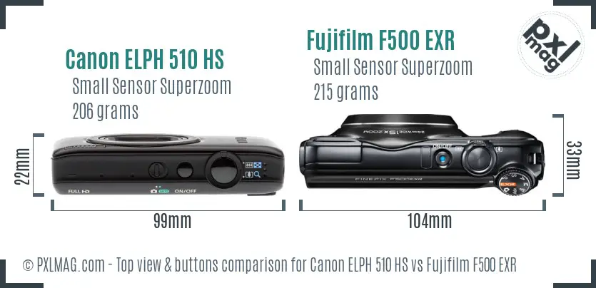 Canon ELPH 510 HS vs Fujifilm F500 EXR top view buttons comparison