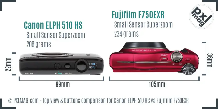Canon ELPH 510 HS vs Fujifilm F750EXR top view buttons comparison