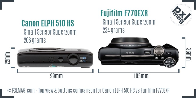Canon ELPH 510 HS vs Fujifilm F770EXR top view buttons comparison