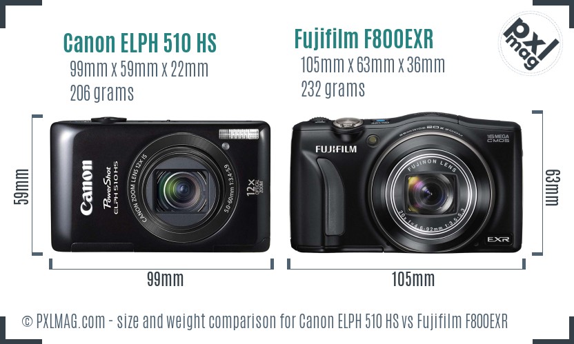Canon ELPH 510 HS vs Fujifilm F800EXR size comparison