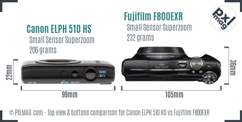 Canon ELPH 510 HS vs Fujifilm F800EXR top view buttons comparison
