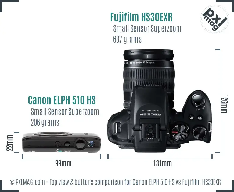 Canon ELPH 510 HS vs Fujifilm HS30EXR top view buttons comparison