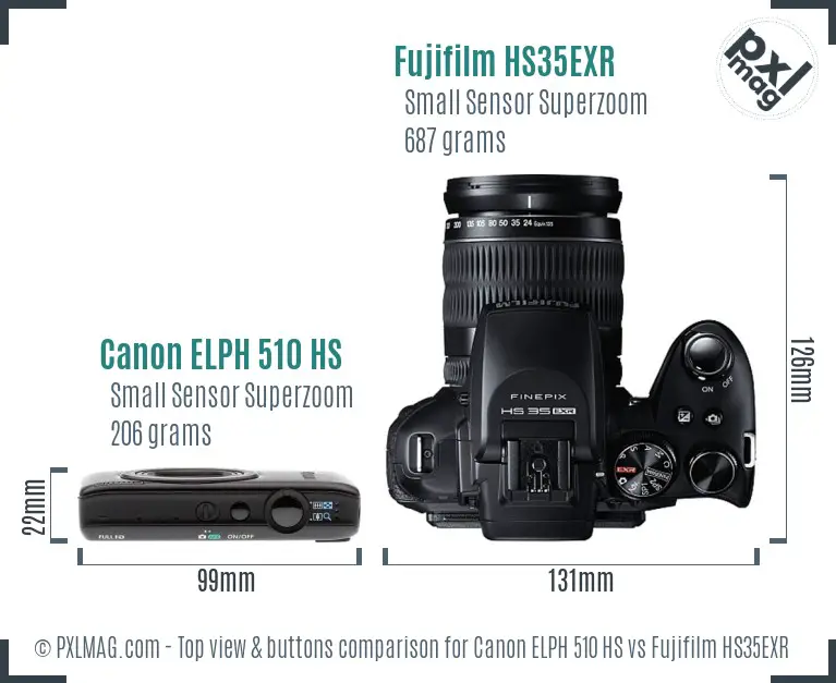 Canon ELPH 510 HS vs Fujifilm HS35EXR top view buttons comparison