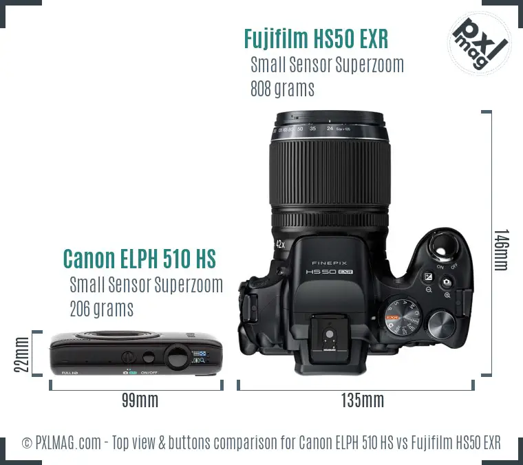 Canon ELPH 510 HS vs Fujifilm HS50 EXR top view buttons comparison