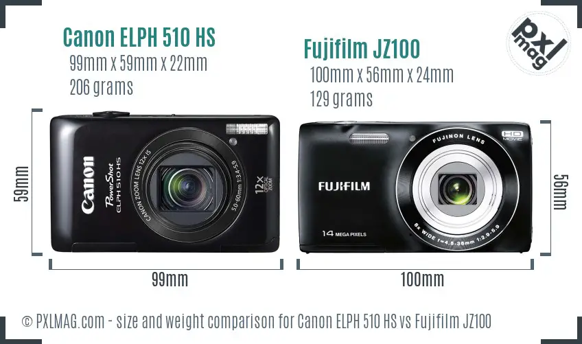 Canon ELPH 510 HS vs Fujifilm JZ100 size comparison Canon ELPH 510 HS vs Fujifilm JZ100 size comparison