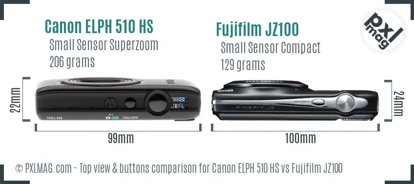 Canon ELPH 510 HS vs Fujifilm JZ100 top view buttons comparison