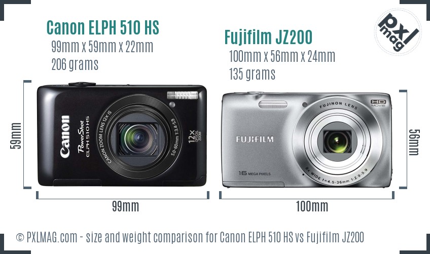 Canon ELPH 510 HS vs Fujifilm JZ200 size comparison Canon ELPH 510 HS vs Fujifilm JZ200 size comparison