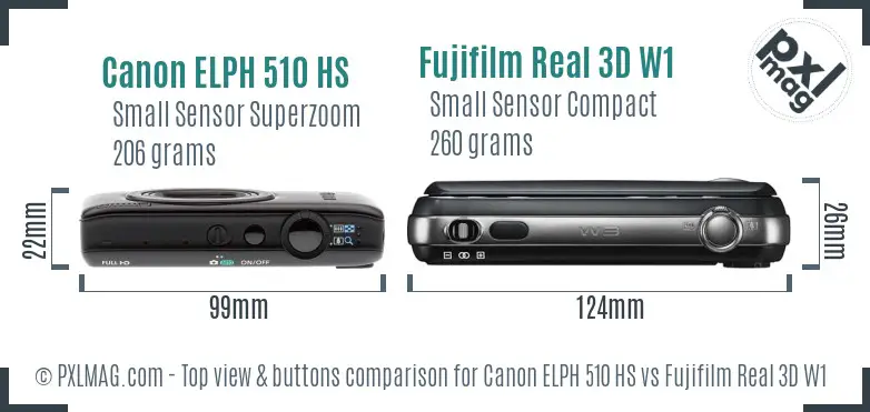 Canon ELPH 510 HS vs Fujifilm Real 3D W1 top view buttons comparison