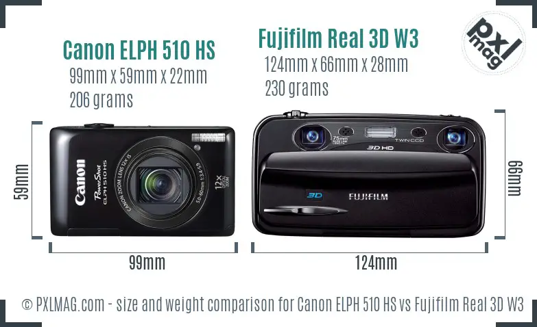 Canon ELPH 510 HS vs Fujifilm Real 3D W3 size comparison Canon ELPH 510 HS vs Fujifilm Real 3D W3 size comparison