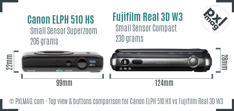 Canon ELPH 510 HS vs Fujifilm Real 3D W3 top view buttons comparison Canon ELPH 510 HS vs Fujifilm Real 3D W3 top view buttons comparison