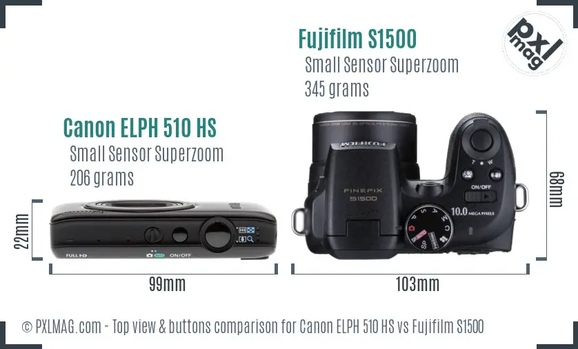 Canon ELPH 510 HS vs Fujifilm S1500 top view buttons comparison