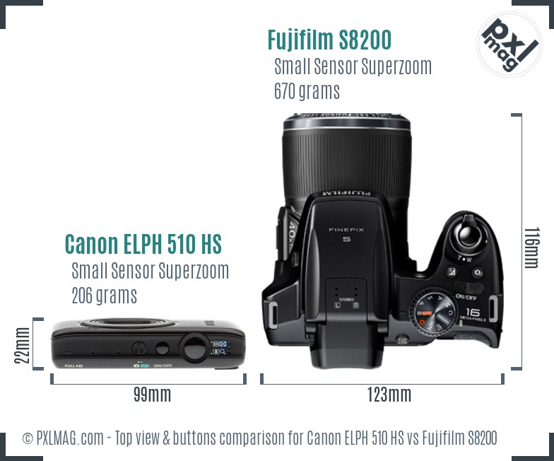 Canon ELPH 510 HS vs Fujifilm S8200 top view buttons comparison
