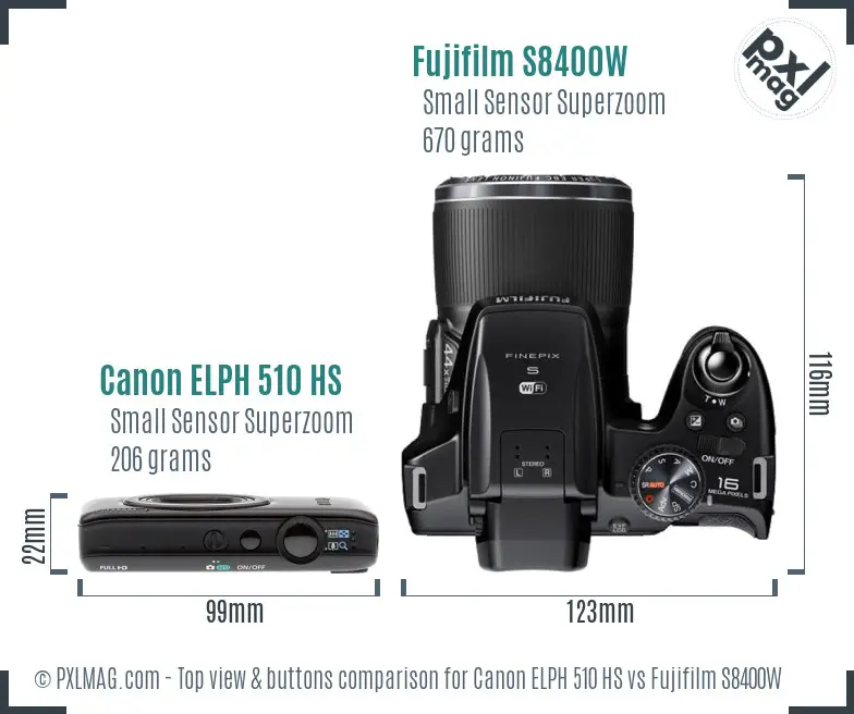 Canon ELPH 510 HS vs Fujifilm S8400W top view buttons comparison Canon ELPH 510 HS vs Fujifilm S8400W top view buttons comparison