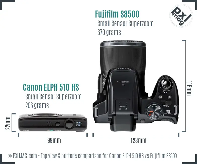 Canon ELPH 510 HS vs Fujifilm S8500 top view buttons comparison