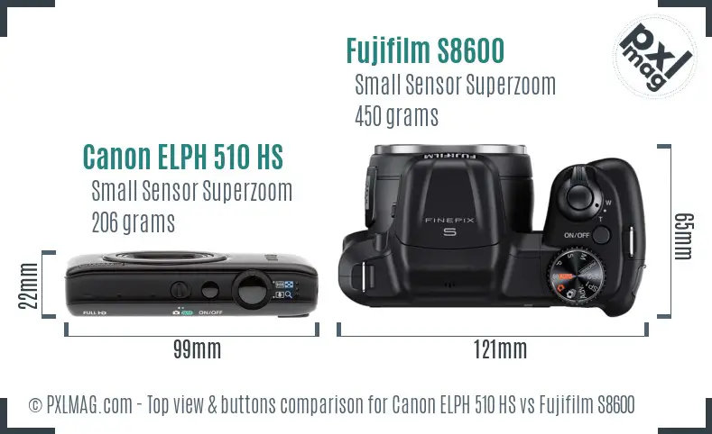 Canon ELPH 510 HS vs Fujifilm S8600 top view buttons comparison
