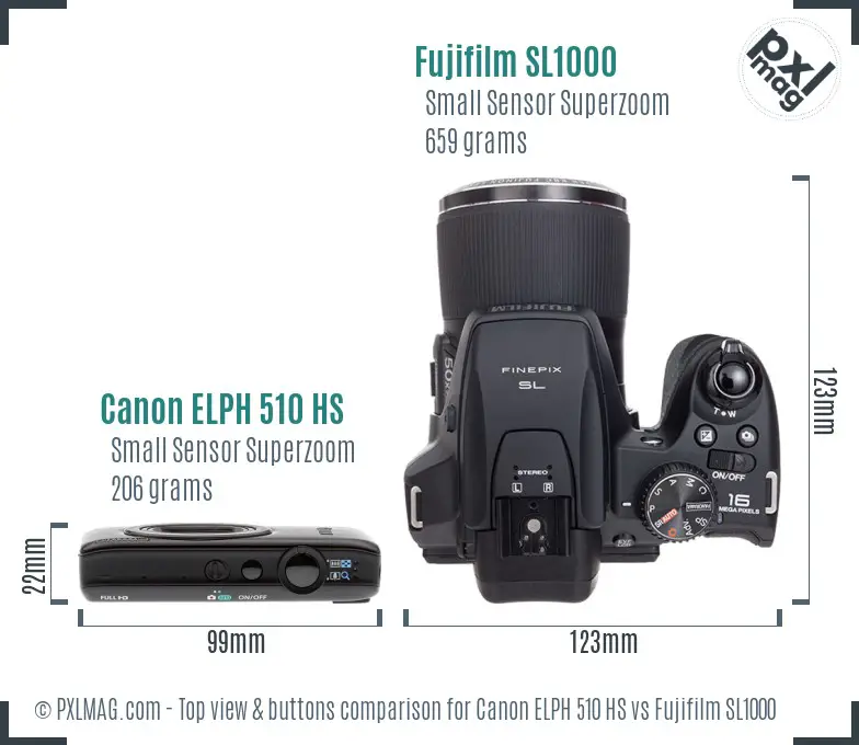 Canon ELPH 510 HS vs Fujifilm SL1000 top view buttons comparison