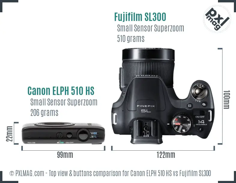 Canon ELPH 510 HS vs Fujifilm SL300 top view buttons comparison