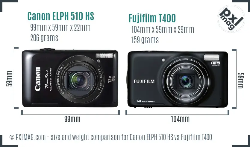 Canon ELPH 510 HS vs Fujifilm T400 size comparison