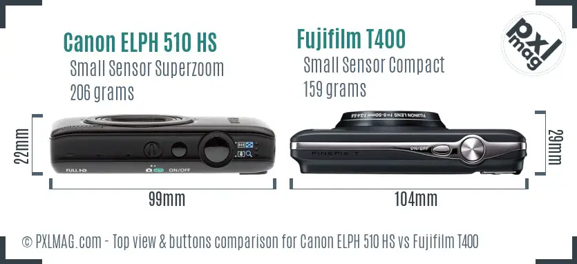 Canon ELPH 510 HS vs Fujifilm T400 top view buttons comparison