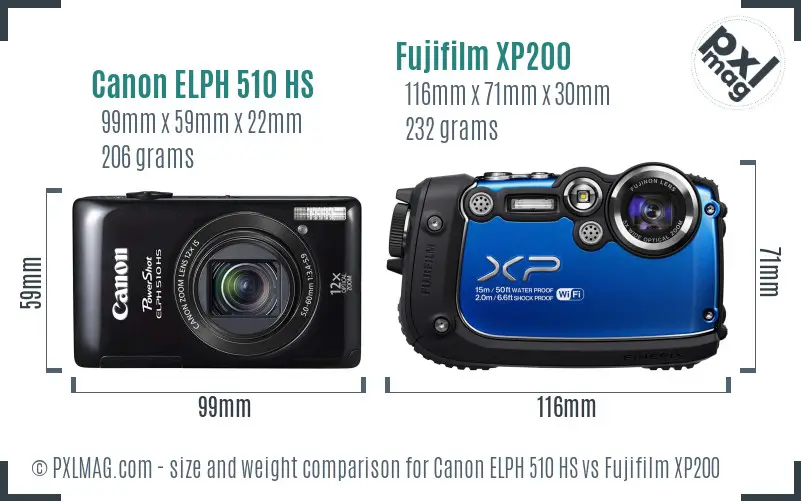 Canon ELPH 510 HS vs Fujifilm XP200 size comparison Canon ELPH 510 HS vs Fujifilm XP200 size comparison