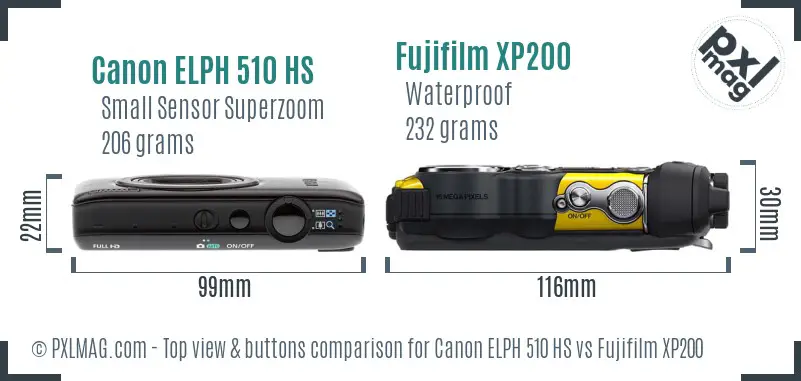 Canon ELPH 510 HS vs Fujifilm XP200 top view buttons comparison
